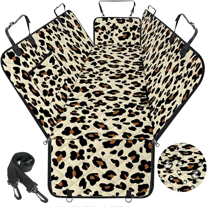 Dog Car Seat Cover, Durable Waterproof Scratch Proof Nonslip Dog Hammock, Back Seat Covers with Pocket for Cars SUVs and Trucks - S, Leopard/Black-PawvioPets