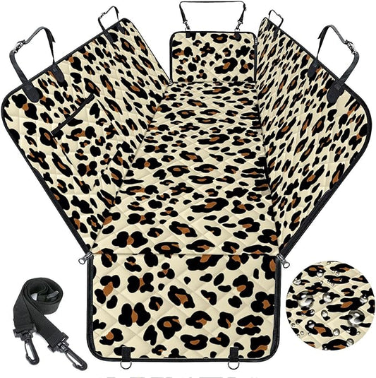 Dog Car Seat Cover, Durable Waterproof Scratch Proof Nonslip Dog Hammock, Back Seat Covers with Pocket for Cars SUVs and Trucks - S, Leopard/Black-PawvioPets