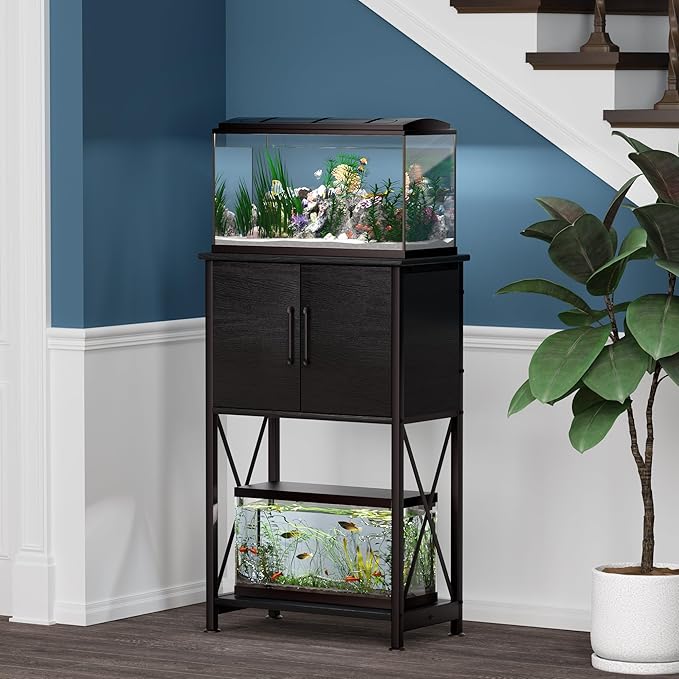 5-10 Gallon Fish Tank Stand, Metal Double Aquarium Stand with Cabinet for Fish Tank Accessories Storage, Heavy Duty 20.5" L* 11.02" W Tabletop, 500LBS Capacity Black PG06YGB-PawvioPets