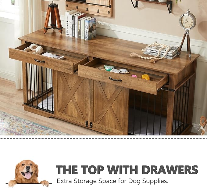 72.5" Extra Large Furniture Style Double Dog Crates for Large Breeds, XXL Wooden Dog Kennel Furniture with Drawers, Divider, Water Resistant & Barn Door for 2 Dogs, Rustic Oak-PawvioPets