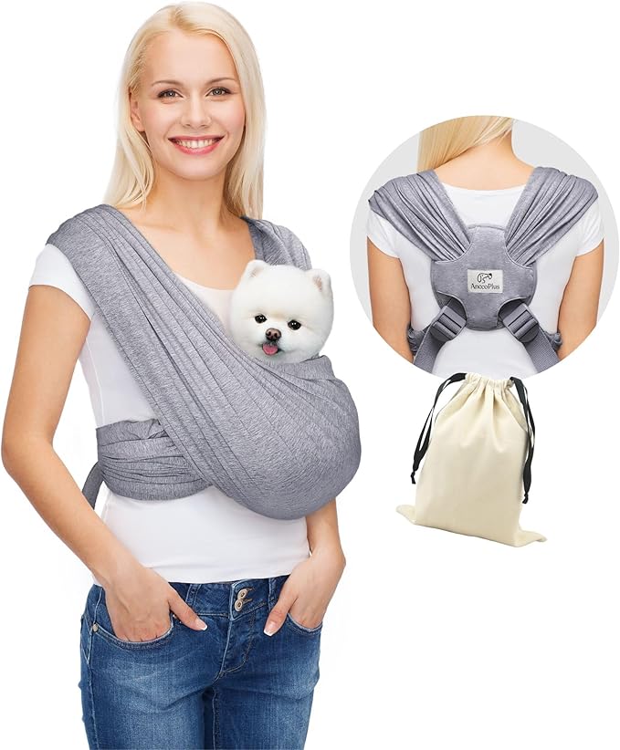 Dog Carrier for Small Dogs, Front Facing Dog Carrier Sling, Hands Free Cat Sling, Size Adjustable, Reducing Back Pain, Soft Cotton, Premium Dog Sling Carrier (Plus, Heather Gray)-PawvioPets