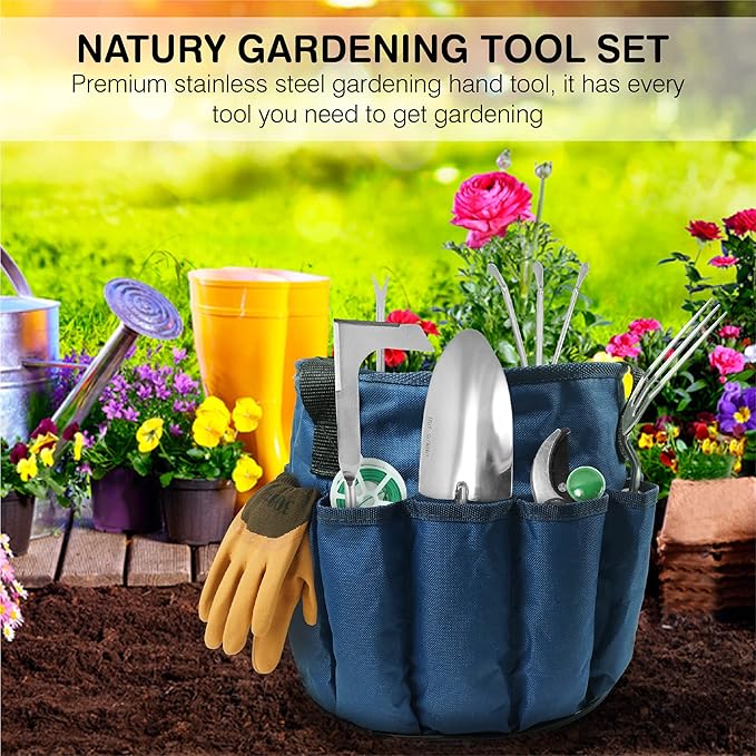 Garden Tools Set – Premium Stainless Steel Gardening Hand Tools with Solid Beechwood Handle – Gardening Kit with Rake, Shovel, Gloves, Shears, Tool Organizer – Garden Gifts for Women and Men-PawvioPets