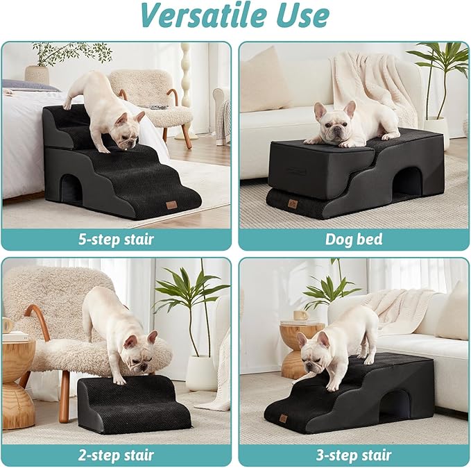 Extra Wide Dog Stairs with Tunnel, Detachable Large Pet Step for Small Medium Dog, Puppy or Cat, Ramp for High Bed, Couch, Sofa or Car, Stable, 19.7x33x22.4 inch, 5 Step, Black-PawvioPets