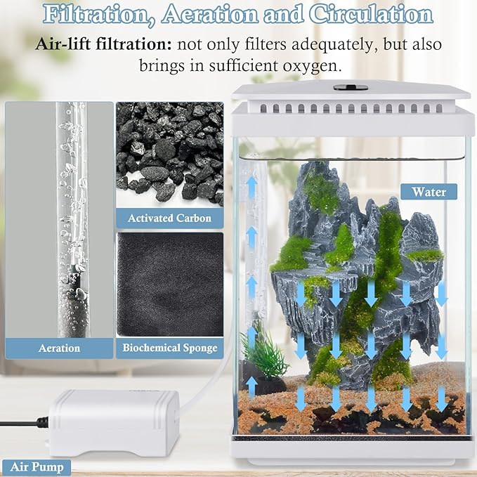 FEDOUR Small Glass Aquarium, 1 Gallon Desktop Fish Tank, Betta Fish Tank, Mini Aquarium Starter Kit with Air Pump LED Light Decoration Water Changer Fish Net (White)-PawvioPets
