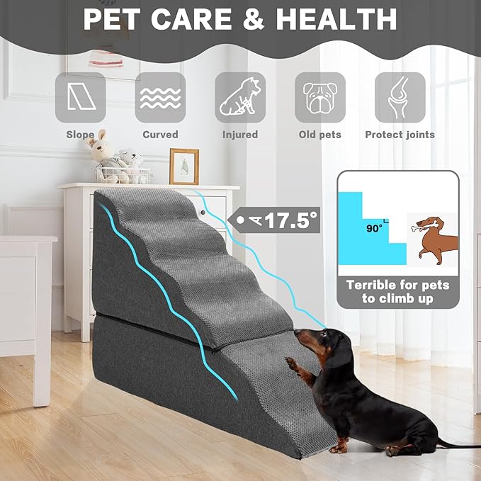 Dog Steps for High Beds 30-32" H - 6-Step Dog Stairs for Small Dogs, 33D Foam Pet Steps for High Bed with Non-Slip Bottom and Washable Cover, Dogs Ramp for Bed Indoor, Dark Grey-PawvioPets