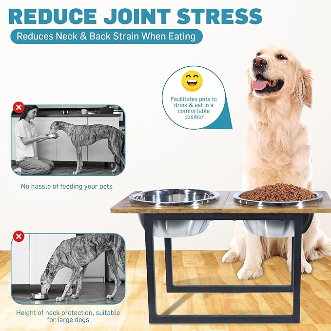Elevated Dog Bowls for Large & Extra Large Breed Dogs - Raised Dog Feeding Station with Two Stainless Steel Bowls - Helps to Reduce Strain on Dog’s Neck & Joints - 3500 ML Capacity-PawvioPets