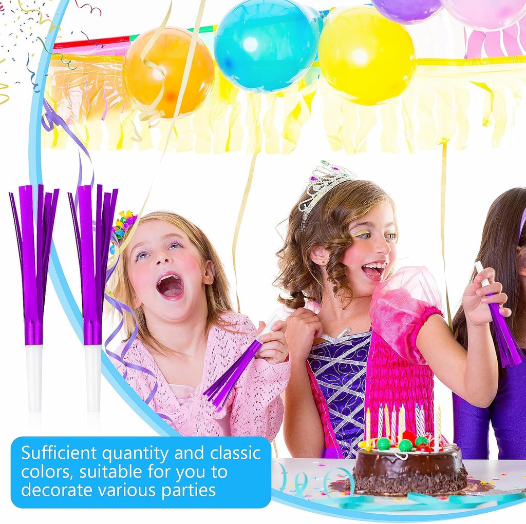 Noise Makers Party Horns, 48 Pack, Purple Metallic Glitter with Fringe, for Birthday, Wedding, New Year