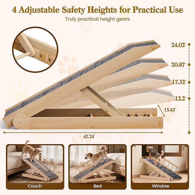 Dog Ramp for Bed, 47" Long Non-Slip Portable Pet Ramp for Small Large Dogs, Wooden Adjustable Dog Ramps for Bed, Couch, Car -Non Slip Carpet Surface and Foot Pads, Height from 12" to 24", Up to 200LBS-PawvioPets