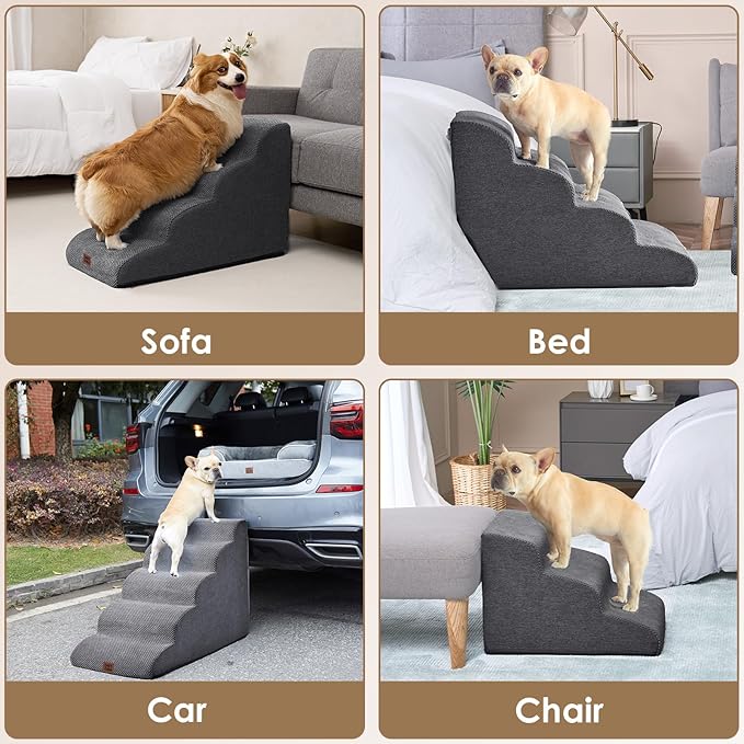 EHEYCIGA Curved Dog Stairs Ramp for Small Dogs 15.7" H, 3-Step Dog Steps for Couch Sofa and Chair, Pet Stairs for Cats, Non-Slip Balanced Pet Steps Indoor, Grey-PawvioPets