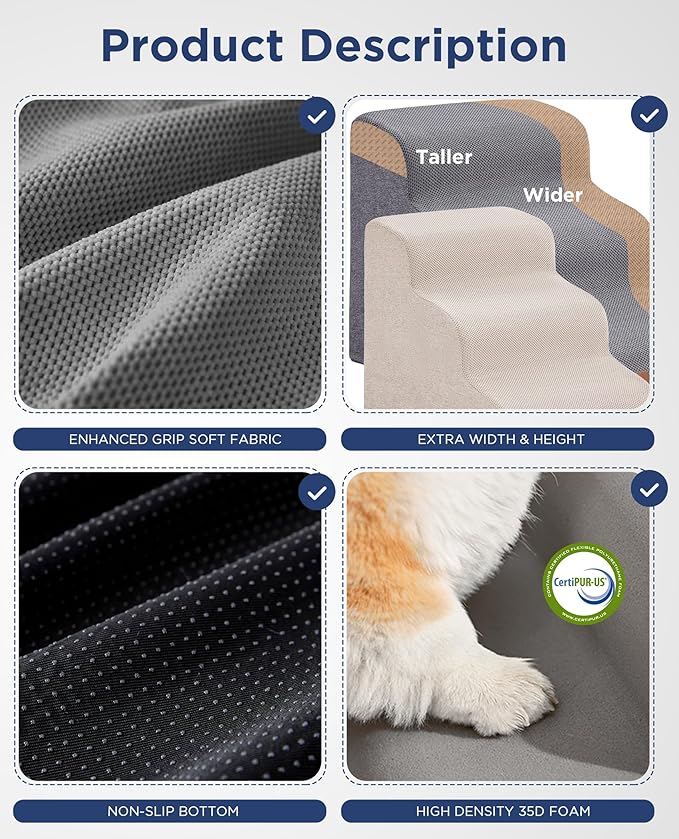 Beige Curved Dog Stairs Ramp for Small Dogs & Cats 17" H, 3-Step Dog Steps for Couch Sofa and Chair, Pet Stairs for Cats, Non-Slip Balanced Pet Steps-PawvioPets