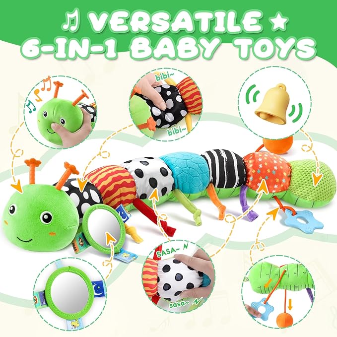 Baby Toys 0-6-12 Months,Musical Caterpillar Stuffed Animals Activity Infant Toys with Crinkle,Rattles,Mirror&Pull String,Muti-Sensory Toys Gifts for Newborn Tummy Time,Green,Knot prolegs-PawvioPets