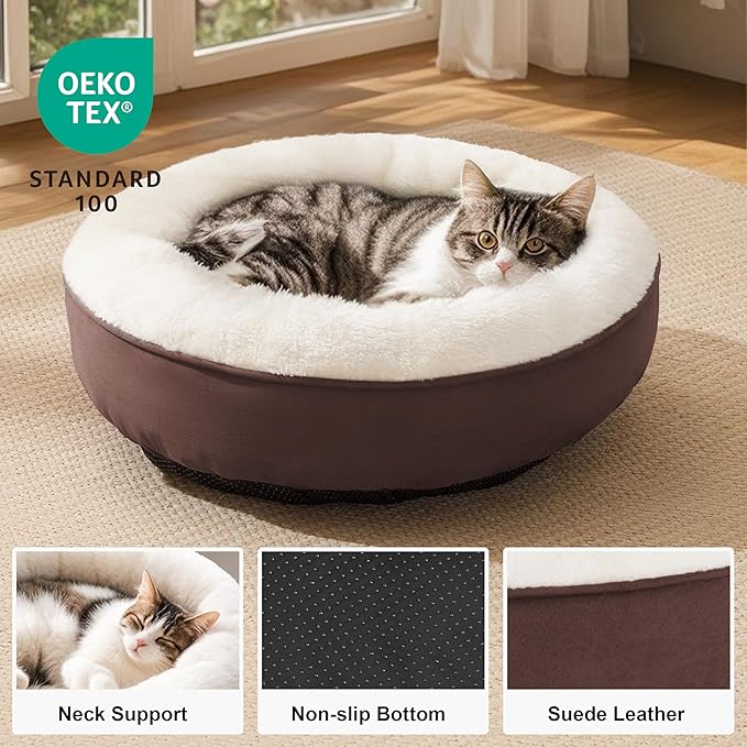 Love's cabin Round Donut Cat and Dog Cushion Bed, 20in Pet Bed for Cats or Small Dogs, Anti-Slip & Water-Resistant Bottom, Super Soft Durable Fabric Pet Beds, Washable Luxury Cat & Dog Bed Brown-PawvioPets