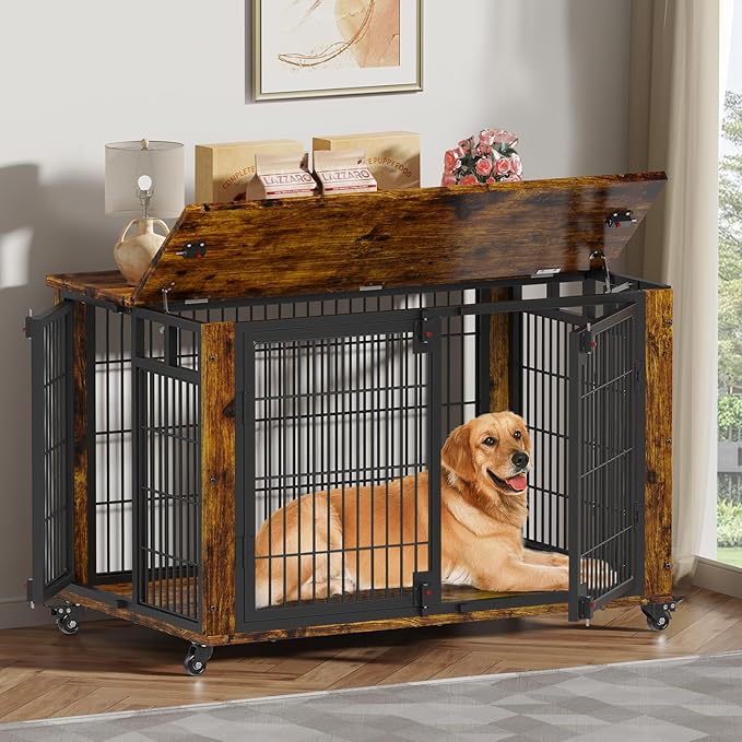 EasyCom 41" for Training Moveable XL Dog Crate, Large Dog Crate Furniture with Top-Access Teasing/Feeding Doors, Chew-Resistant Dog Kennel Indoor Furniture for Medium and Large Dogs-PawvioPets