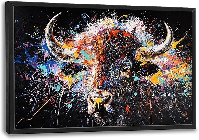 Framed Large Bison Buffalo Wall Art for Living Room, Oversized Graffiti Yak Cow Wall Decor Banksy Bull Canvas Painting Animal Pictures Modern Artwork for Living Room Bedroom Office 36"x24"-PawvioPets