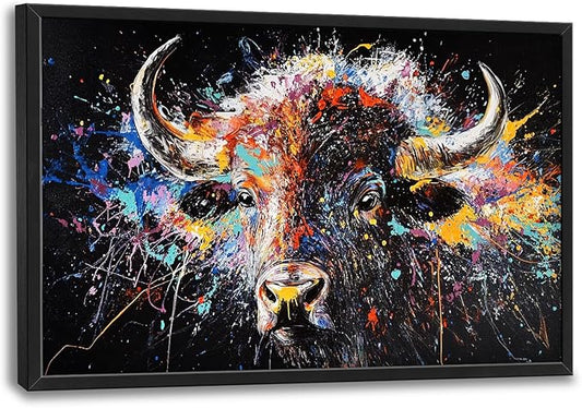 Framed Large Bison Buffalo Wall Art for Living Room, Oversized Graffiti Yak Cow Wall Decor Banksy Bull Canvas Painting Animal Pictures Modern Artwork for Living Room Bedroom Office 36"x24"-PawvioPets