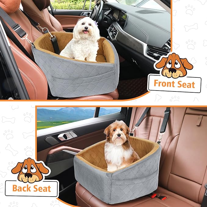 Dog Car Seat for Small Medium Dogs,Detachable Washable Dog Booster Seat Under 30lbs, Pet Car Seat Travel Bed with Storage Pockets and Dog Safety Belt(Grey/Brown)-PawvioPets