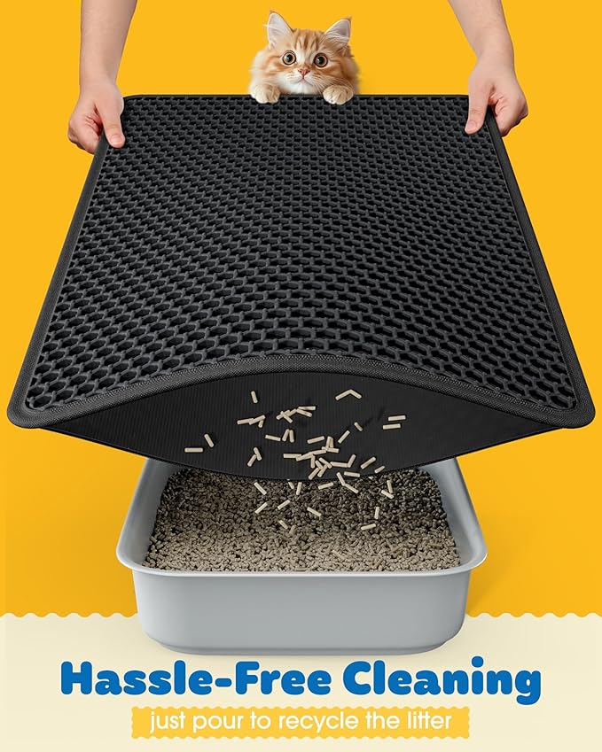35" x 30" Cat Litter Mat - Ultra-Large Litter Box Mat with Double Layers, Urine-Proof and Non-Slip Litter Trapping Mat, Easy to Clean Kitty Litter Mats for Floor, Scatter Control, Black-PawvioPets
