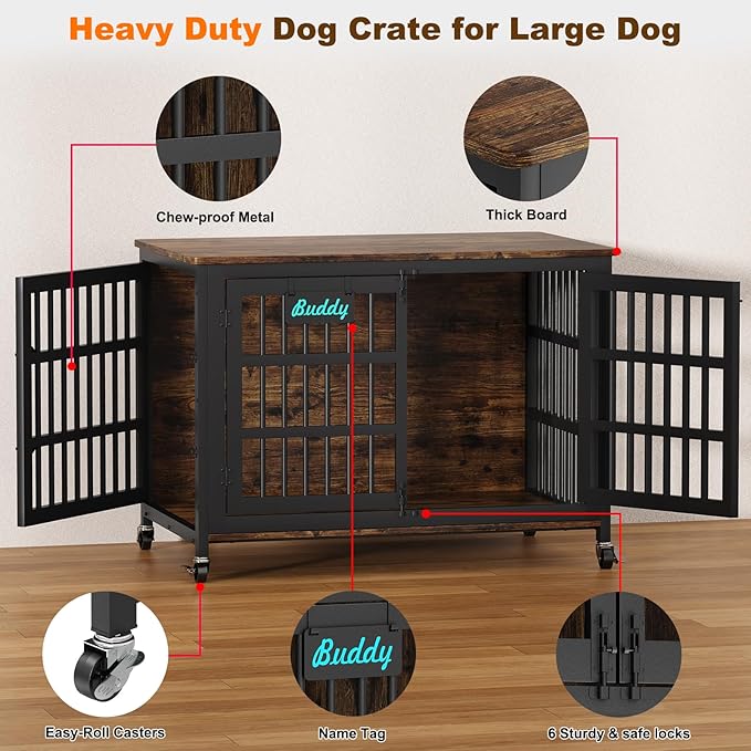EasyCom 48"/42"/33" Dog Crate Furniture with Name Tag, Heavy Duty Dog Kennel Indoor for Large Dogs, Escape-Proof and Chew-Proof Dog Cage for high Anxiety Dog, Decorate House as TV Stand, End Table-PawvioPets