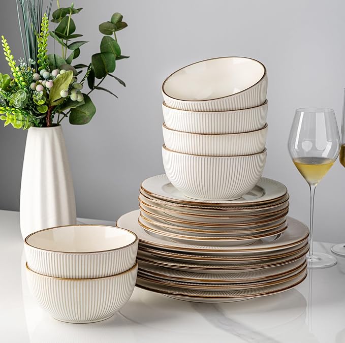 GBHOME Ceramic Dinnerware Sets,18 pcs Embossed Elegant Stoneware Plates and Bowls Sets, Housewarming Wedding Gift | Dishwasher & Microwave Safe | Dishes Set Service for 6-PawvioPets