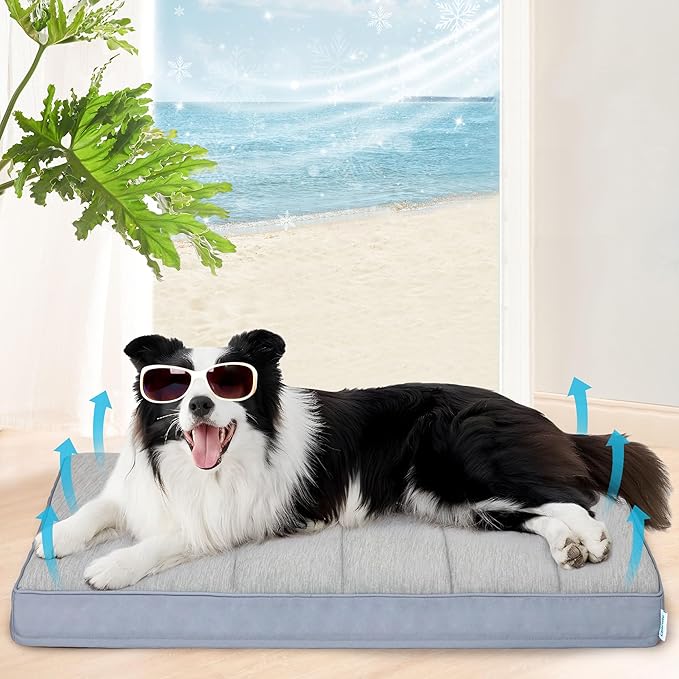 Cooling Dog Bed for Large Dogs - Orthopedic Pet Beds with Memory Foam, QMAX>0.5, Waterproof Removable Washable Cover for Hot Weather, Grey, 35" L x 23" W x 3" H-PawvioPets