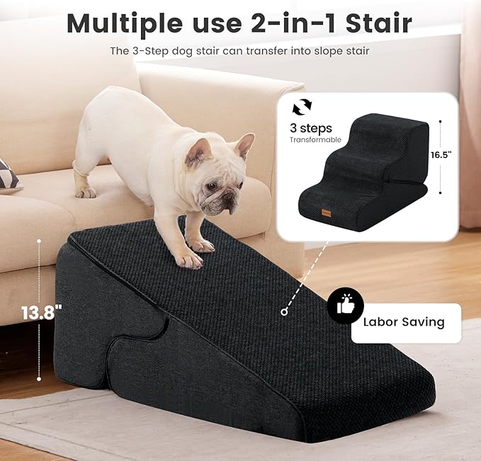 Gardner Pet Dog Stairs for Small Dogs 16.5" H, 2 in 1 Transformable 3-Step Pet Stairs and Dog Ramp for Couch (13-20 in), Black Adjustable Pet Steps with Non-Slip Waterproof Cover and CertiPUR-US Foam-PawvioPets