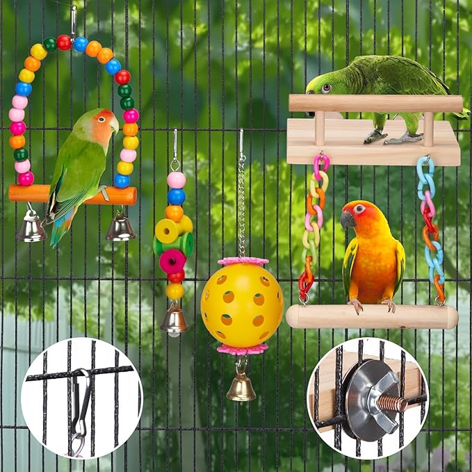 11Pcs Bird Parakeet Toys Wooden Bird Platform Stands Swing Hanging Chewing Toy Parrot Climbing Ladder Colorful Bird Cage Toys for Parakeet, Conure, Cockatiel, Love Birds, Finches-PawvioPets