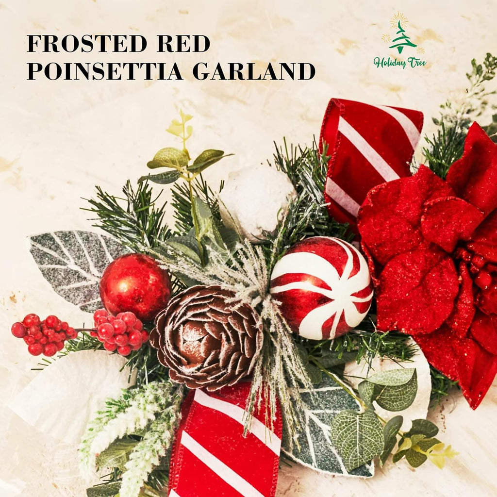 5 ft Christmas Garland for Mantle Unlit Garland for Stairs Railing, Banister, Staircase, Fireplace, for Table No Light, Garland Decor Frosted Red Poinsettia Holiday Tree (Frosted Red Poinsettia)