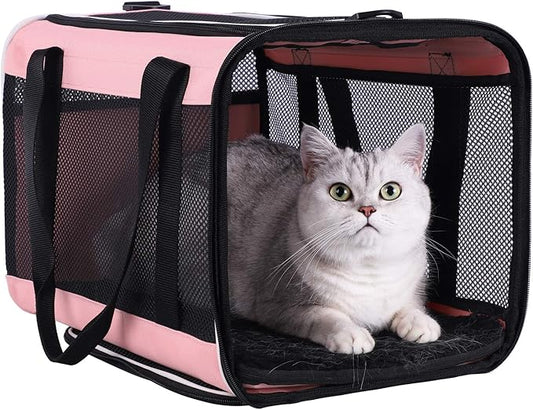 Easy Top Load Large Cat Carrier for Large and Medium Cats, Small Dogs. Easy to get cat in, Carry, Storage, Clean and Escape Proof, Pink-PawvioPets