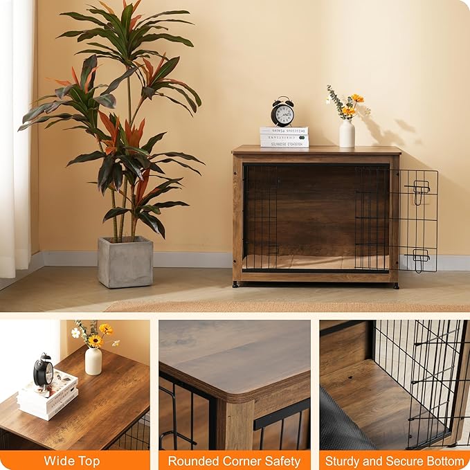 DWANTON Dog Crate Furniture with Cushion, Wooden Kennel Table with Double Doors, Indoor Dog House, Medium Size, 32.5" L, Warm Brown-PawvioPets