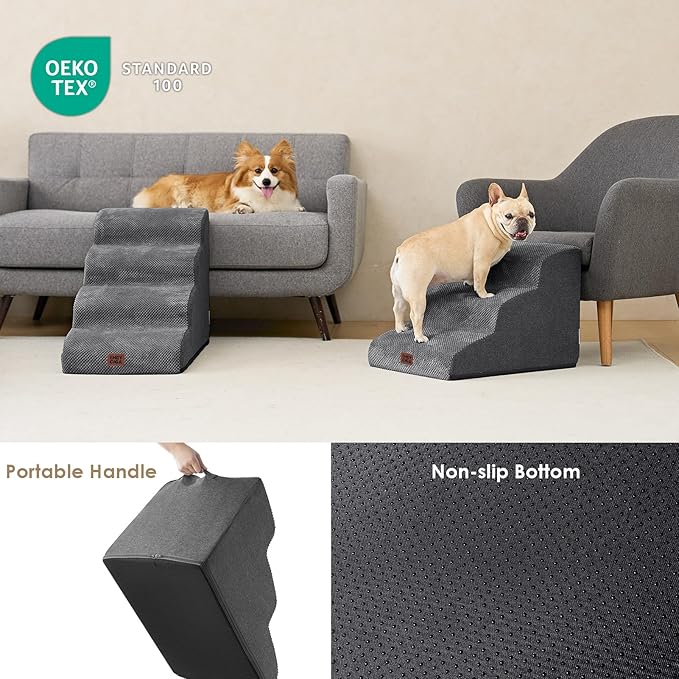 EHEYCIGA Curved Dog Stairs Ramp for Small Dogs 15.7" H, 3-Step Dog Steps for Couch Sofa and Chair, Pet Stairs for Cats, Non-Slip Balanced Pet Steps Indoor, Grey-PawvioPets