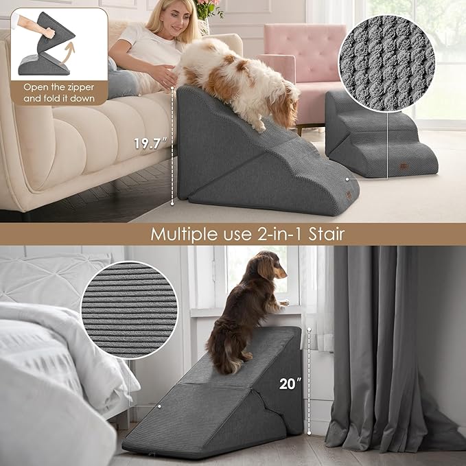 EHEYCIGA Curved Foldable Dog Stairs Ramp for High Beds 19.7" H, 4-Step Dog Steps for Small Dogs and Cats, Pet Stairs for High Bed Climbing, Non-Slip Balanced Pet Step Indoor, Grey-PawvioPets