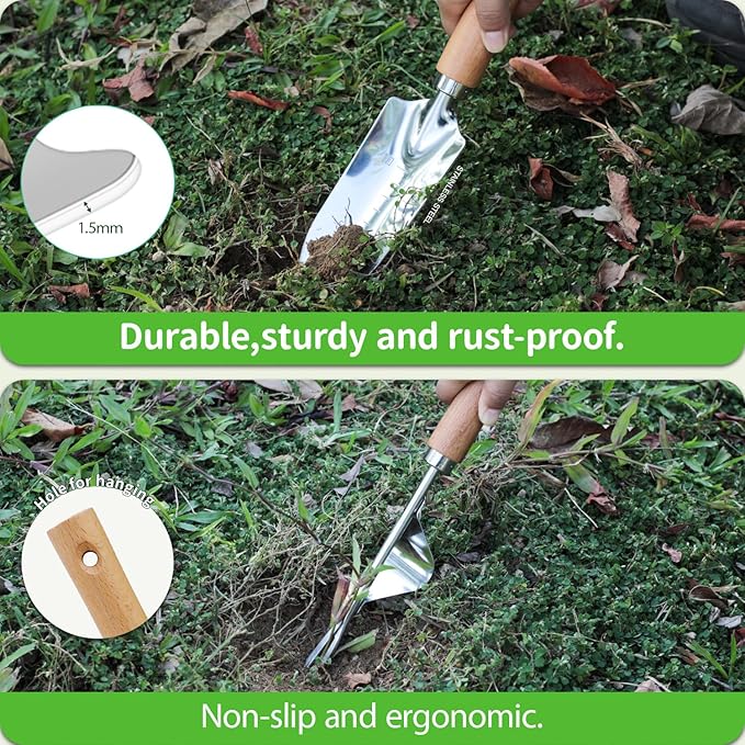 Garden Tool Set, 2 Pieces Stainless Steel Heavy Duty Garden Tools, Garden Kit with Ergonomic Wooden Handle, Durable Garden Tools for Gardening, Gardening Gifts for Women-PawvioPets