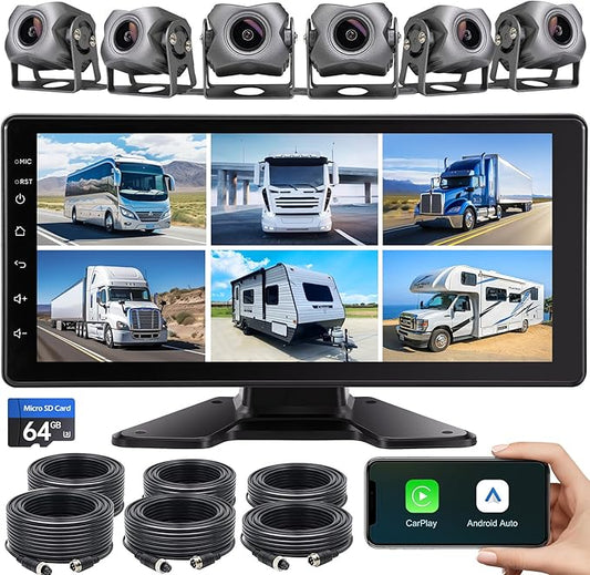 6-Channel 1080P Dash Cam Backup Camera System with 10.33 Inch Touch Screen Parking Monitor, Back Up Camera Car Radio for RV/Truck/Trailer/Van/SUV/Cars,Wireless Carplay/Android Auto/WiFi/Bluetooth/FM-PawvioPets