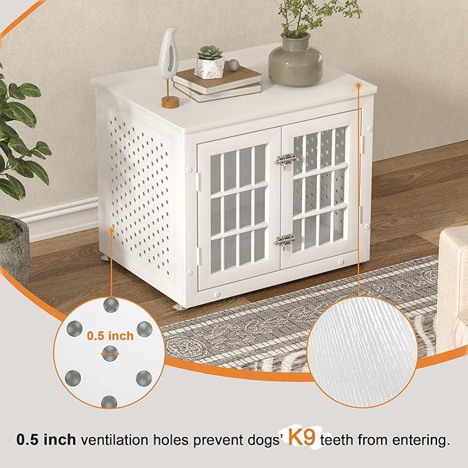 26" Heavy Duty Dog Crate Furniture for Small Dogs, Metal Kennel for High Anxiety Dogs, Chew Proof Pet Cage Indoor, Decorative Kennel End Table, White-PawvioPets