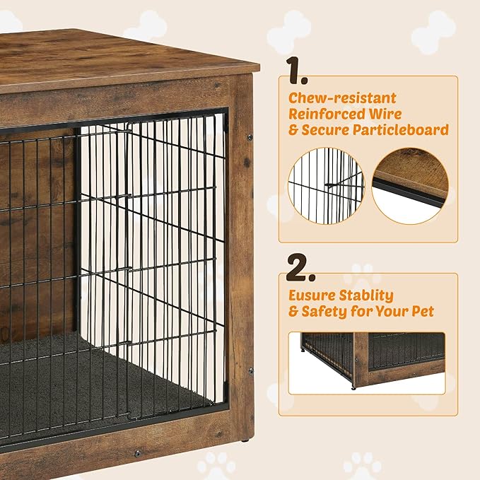 Dog Kennel Furniture, Wooden Dog Crate End Table, Heavy Duty Dog Crate, Decorative Pet Crate Dog Cage for Large Indoor Use (Rustic Brown) 39" L×26" W×27" H-PawvioPets