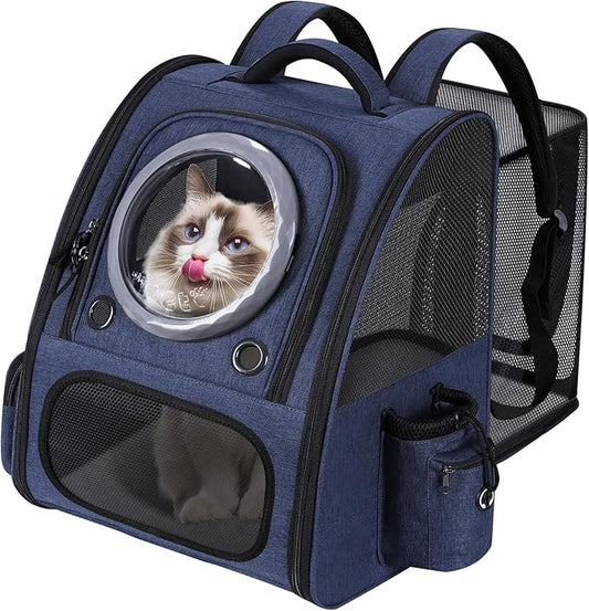Extension Cat Carrier Backpack with Transparent Bubble Window,Dogs Backpack Carrier with Breathable Mesh Travel Bag, Portable Space Capsule Design with Foldable for Pets (Blue)-PawvioPets