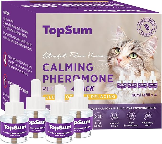 Cat Calming Diffuser Refills: Pheromone Refill for Cats, Long-Lasting 4-Month Supply, Compatible with Most Diffusers, 4 Pack (Light Purple)-PawvioPets