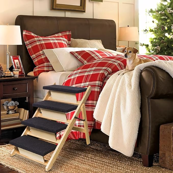 BRIKY 2-in-1 Dog Stairs/Ramp with 4 Steps, Foldable Dog Stairs for High Beds Cars Couch, Durable Wooden Pet Stairs for Small Medium Large Dogs, No Assembly Required-PawvioPets