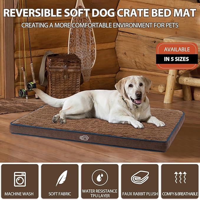 EMPSIGN Dog Bed Mat 23 Inch Reversible Warm & Cool,Washable Dog Crate Bed with Egg Crate Foam Support, Pet Sleeping Mat for Large Medium Small Dogs, Fluffy Kennel Pad(Brown)-PawvioPets