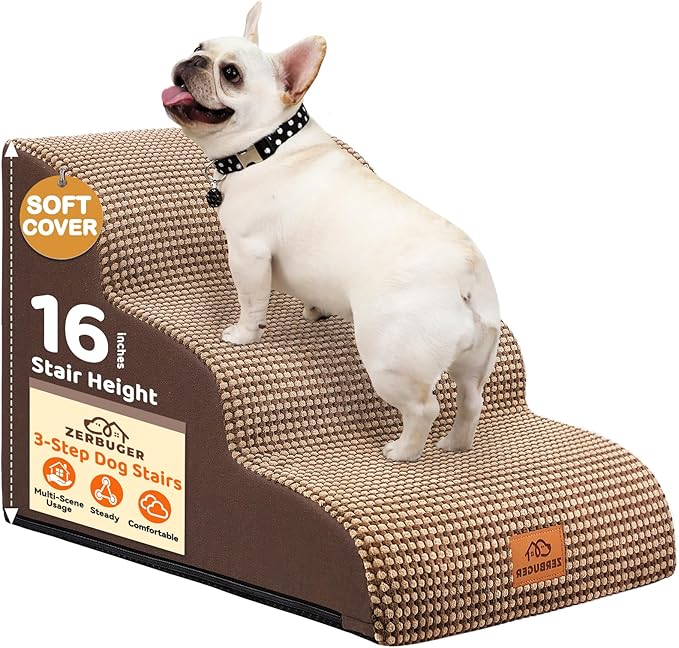 Dog Ramp and Stair for Bed 16" H-20 H,3-Step Cat Stair for Sofa and Chair,4-Step Dog Ramp for High Bed and Window,Durable Nonslip Fabric Cover for Indoor (Coffee-16 H, Pet Friendly, 3)-PawvioPets