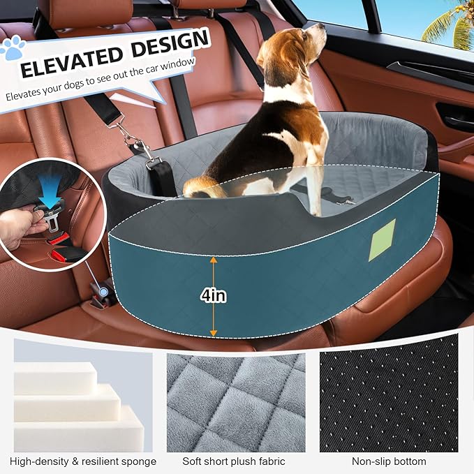 Dog Car Seat for Medium Dogs Up to 50 lbs, Pet Booster Seat for Cars SUVs and Trucks, Travel Dog Bed with Safety Strap, Thick Cushion, Non-Slip Base, Washable and Portable(Black/Gray-PawvioPets