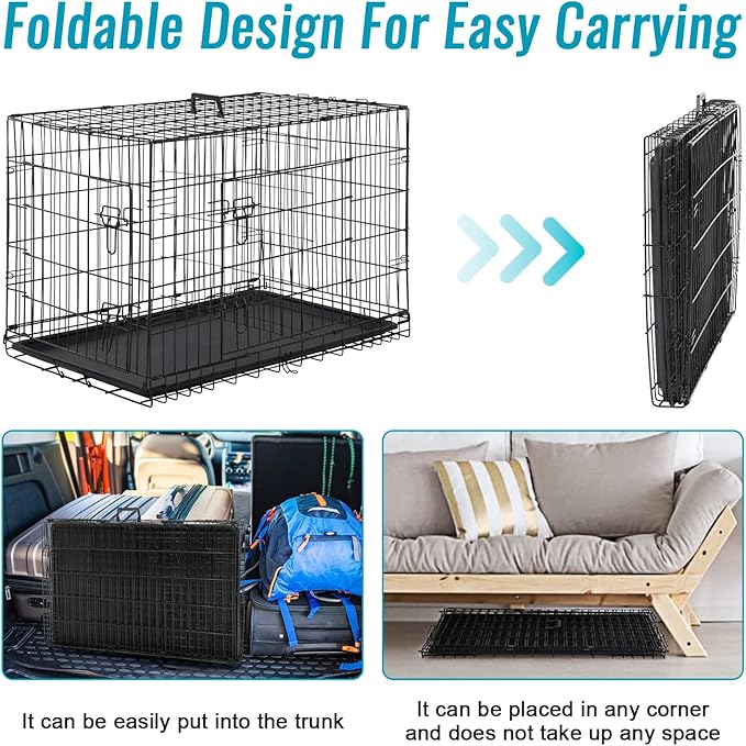 FDW Dog Crate for Small Dogs 24 Inch Folding Metal WirePet Cage Double Door W/Divider Panel Indoor Outdoor Kennel Leak-Proof Plastic Tray,Black-PawvioPets
