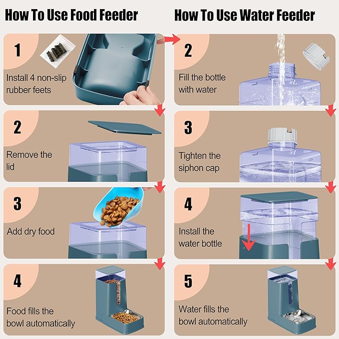 Automatic Cat Feeder and Cat Water Dispenser Set with Stainless Steel Bowls Gravity Dog Feeder for Small Medium Big Dog Pets Puppy Kitten, 3.8L x 2 (Cyan)-PawvioPets