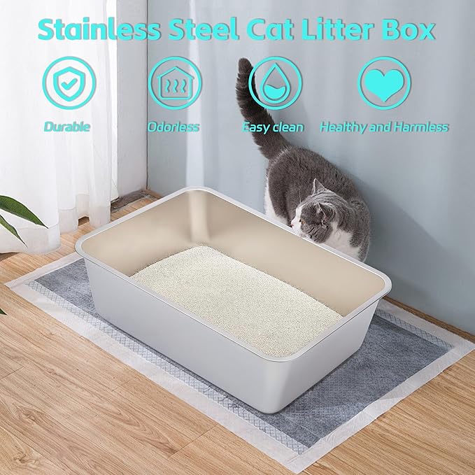 2 Pack Stainless Steel Litter Box-XXL Metal Litter Box for Big Cats 8IN Deep, Cat LitterBox-Pet Toilet Easy to Clean,High Sided Cat Litters Boxes Adult Cats,Non Stick, No Smell-PawvioPets