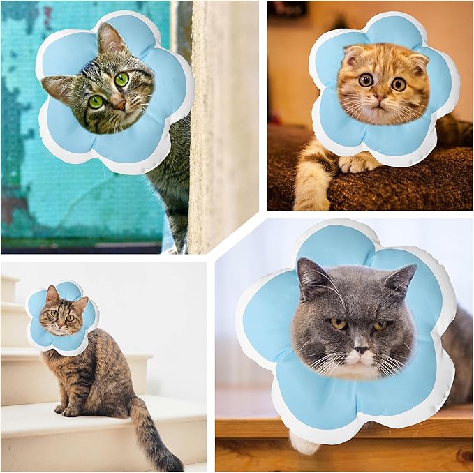 Cat Cone Collar Soft, Waterproof Cats Cones to Stop Licking After Surgery, Adjustable Soft Elizabeth Cats Collars for Wound Healing, Flower Shape Cat Recovery Collar (Blue, X-Small)-PawvioPets