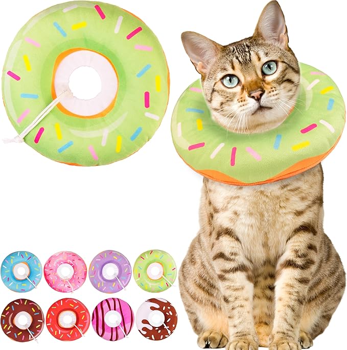Cat Cone Collar Soft, Cute Cat Donut Collar After Surgery, Adjustable Kitten Recovery Cones to Stop Licking, Lightweight Neck Elizabethan Collars for Cats Kittens (Green, Medium)-PawvioPets