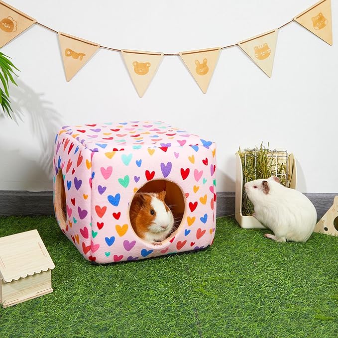 Bienbee Guinea Pig Hideout, Washable Guinea Pigs House Cozy Guinea Pigs Bed for Small Pet Bunny/Rabbit/Hamster/Chinchilla Guinea Pig Accessories Colorful Hearts-PawvioPets