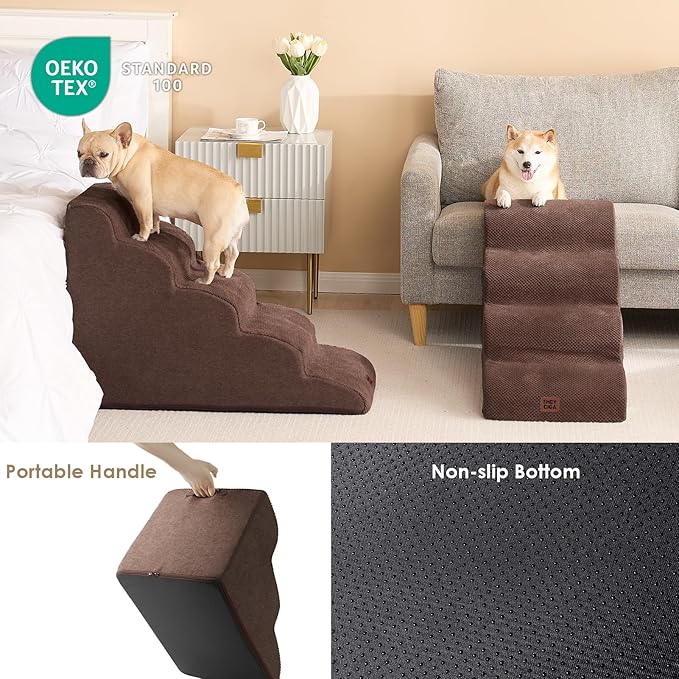 EHEYCIGA Curved Dog Stairs Ramp for High Beds 19.7" H, 4-Step Dog Steps for Small Dogs and Cats, Pet Stairs for High Bed Climbing, Non-Slip Balanced Pet Step Indoor, Brown-PawvioPets