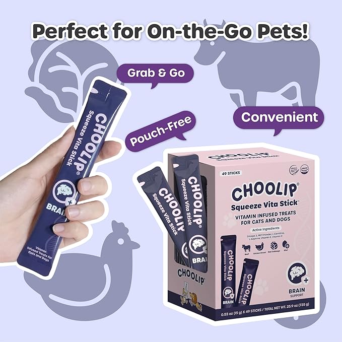 Grab & Go Squeeze Vita Stick Lickable Treats for Dogs & Cats. 49 Brain Support Sticks with Essential multivitamins. Soft and Tasty Paste for All Life Stages, Supporting Brain Health-PawvioPets