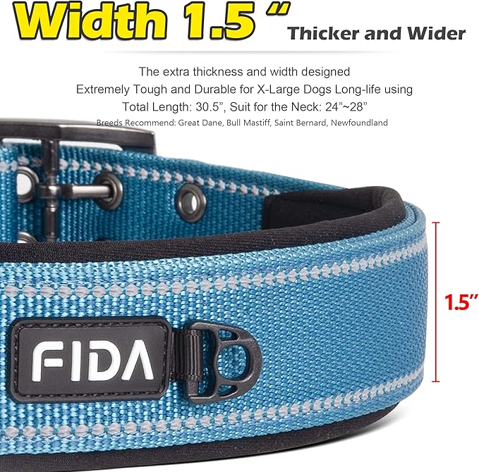 Fida Heavy Duty Dog Collar 1.5” Width, Ultra Soft Neoprene Padded, Adjustable Reflective Nylon Pet Collar with Two Metal Pin Belt Buckle for Extra-Large Breeds (XL, Blue)-PawvioPets